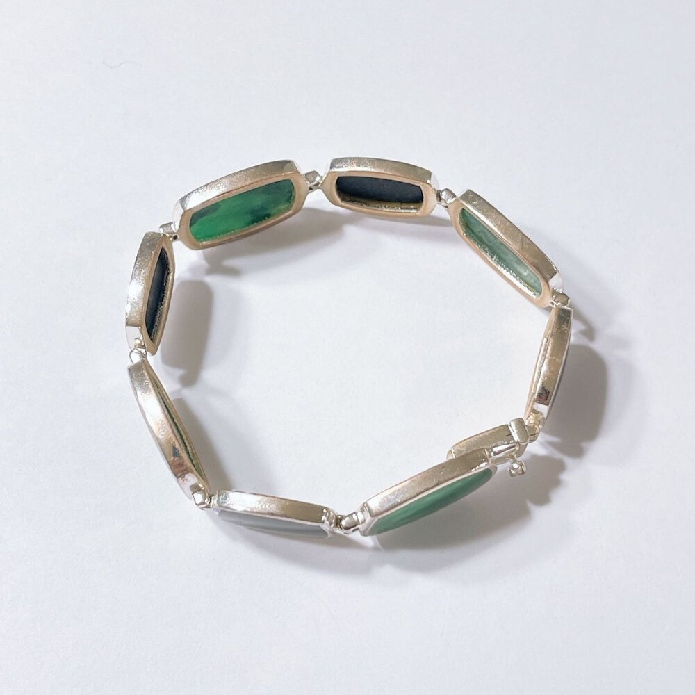 Sterling Silver Green & Black Stone Link Bracelet - Picture 5 of 9